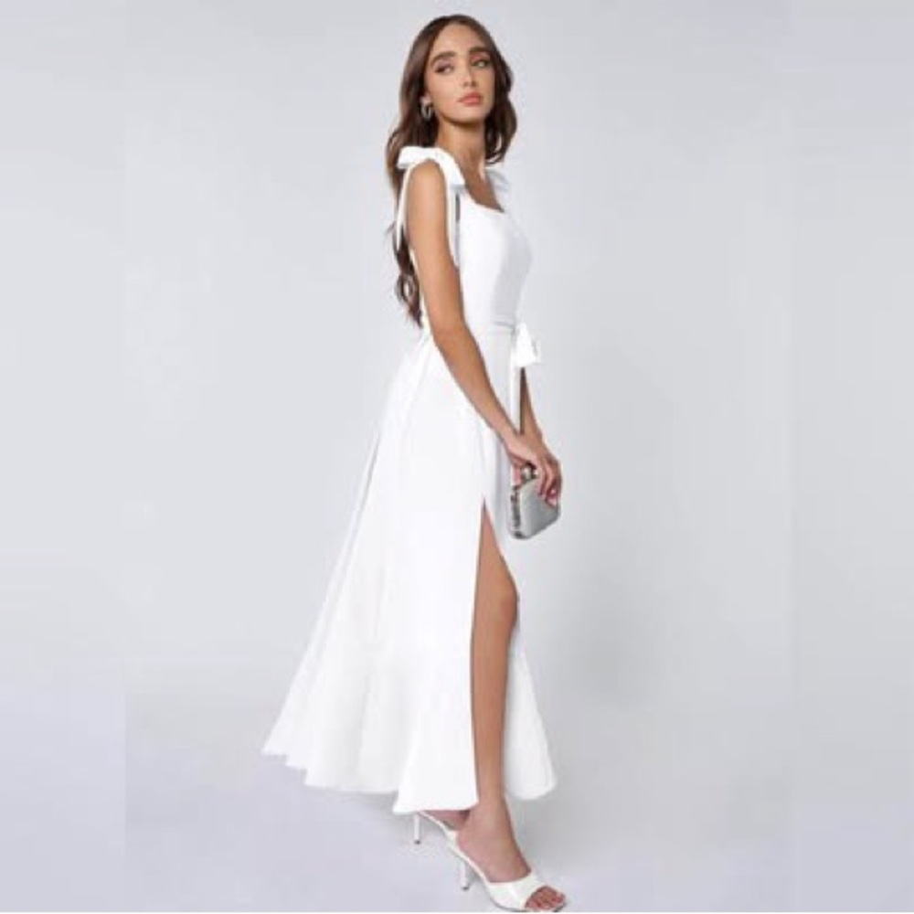 Azazie White Midi Dress with Slit